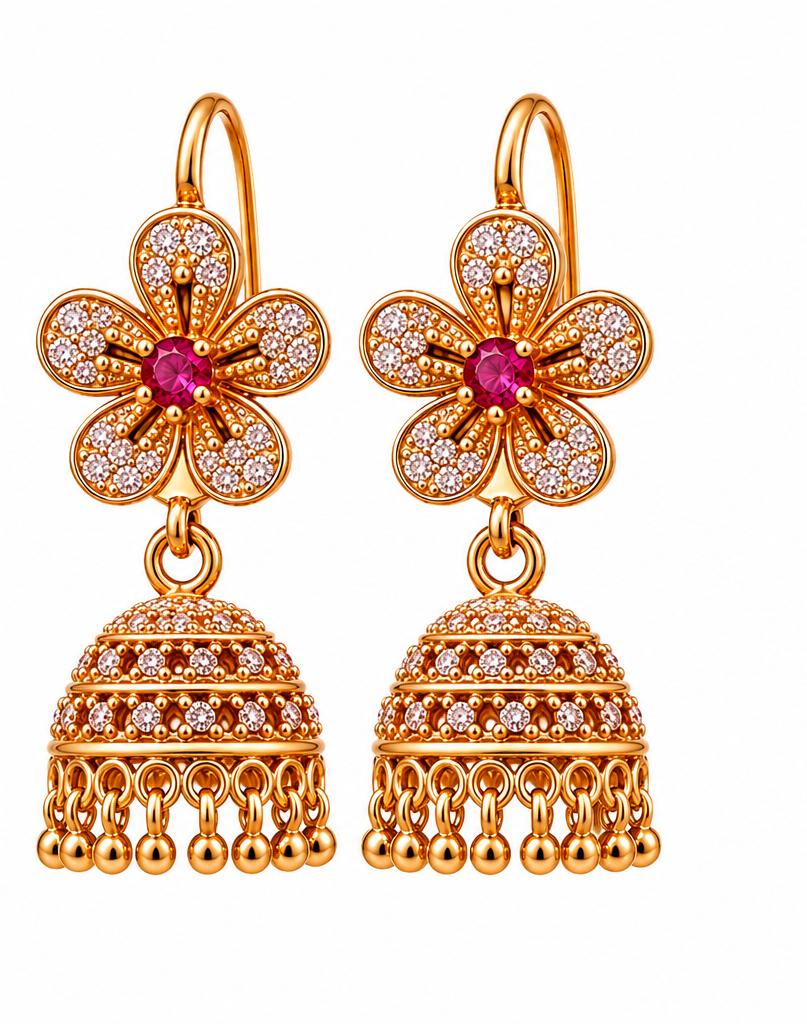 1 Karat Gold Plated Jhumka Earrings with Stone