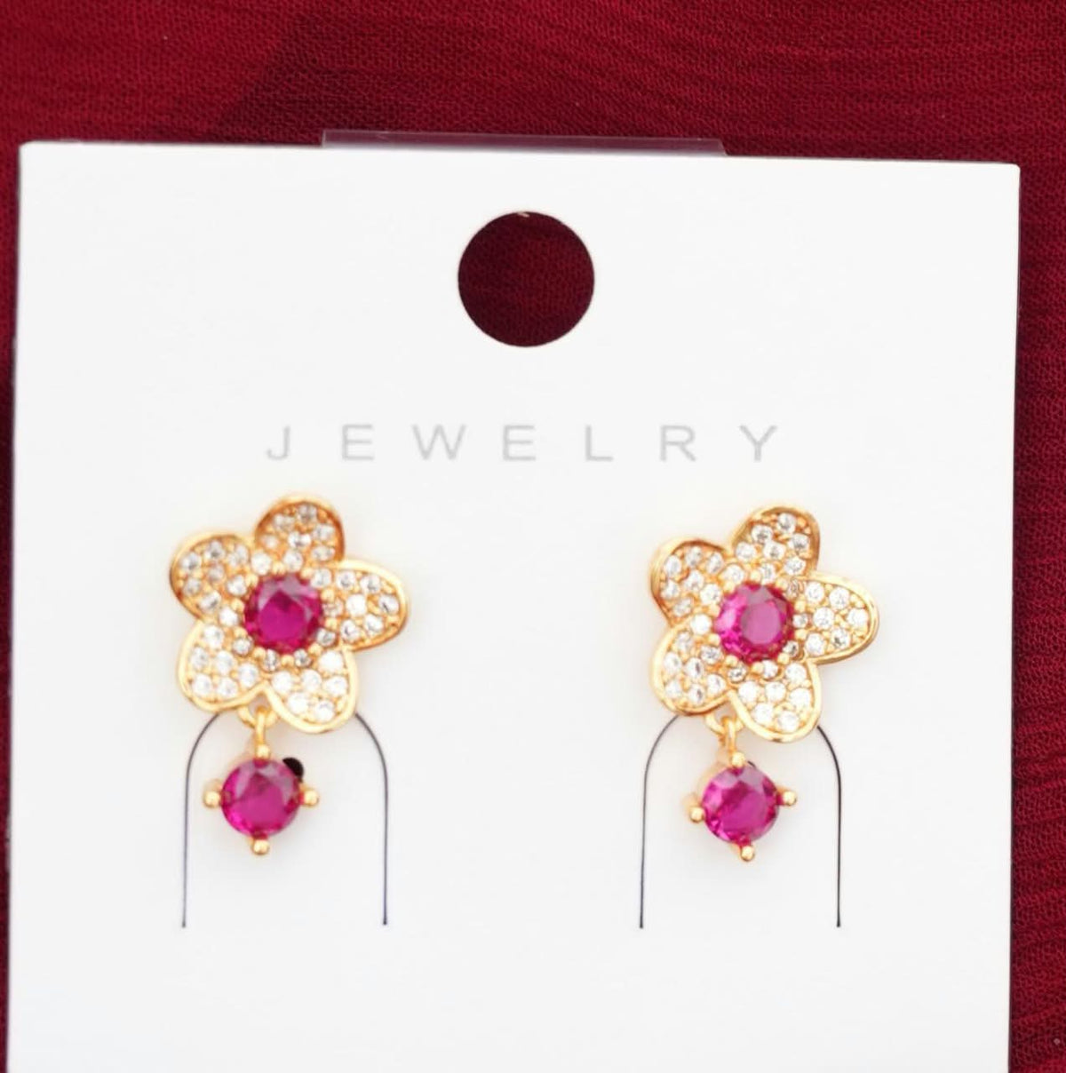 1 Karat Zircon Flower Ear Studs – Maroon & Royal Blue Stone Earrings