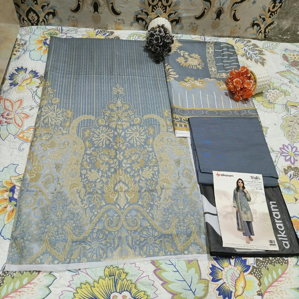 Trending Article Alkaram Premium Silver Khadar 3-Piece Unstitched Suit