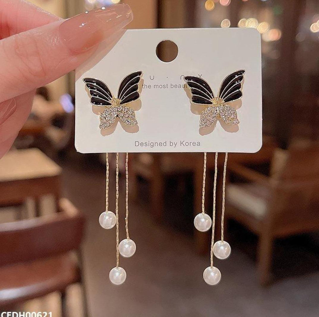 Butterfly Pearl Drop Tassel Earrings