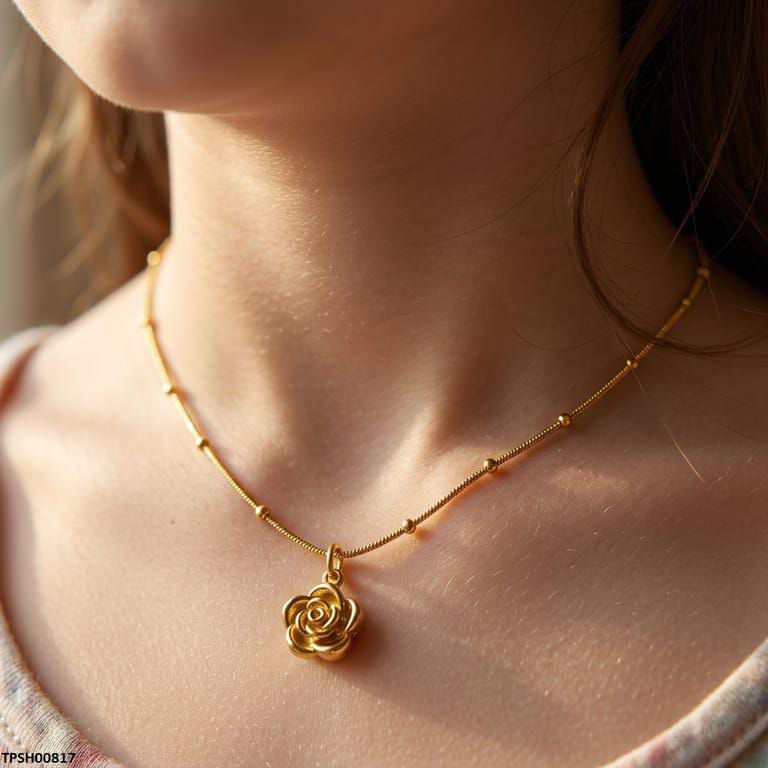 Elegant Gold-Tone Rose Pendant Necklace for Women – Delicate Floral Chain Jewelry