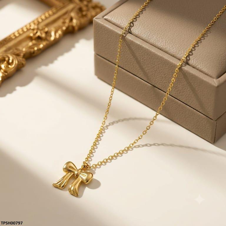 Stainless Steel Elegant Gold Bow Pendant Necklace for Women