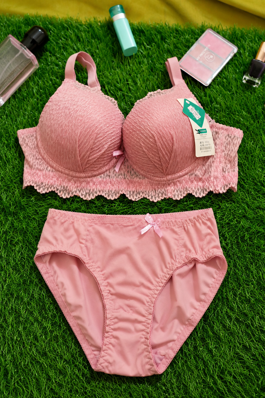 Fancy Lace Push-Up Bra & Panty Set – Soft Net, Light Padded & Stretchable