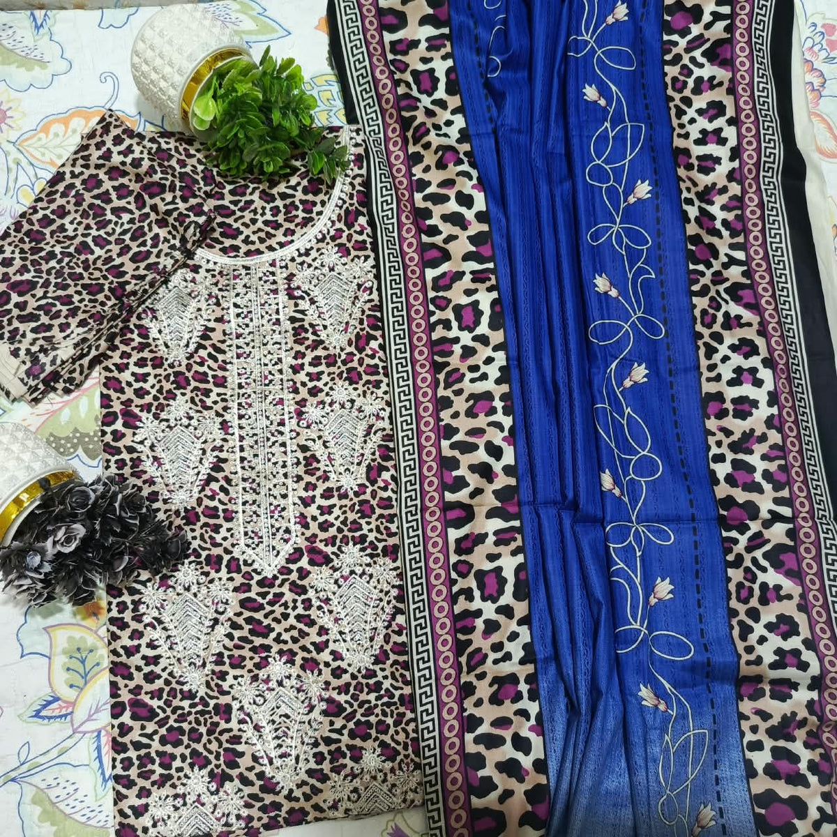 HM Premium Linen Sequence Embroidered 3 Piece Unstitched Suit - Blue & Shocking Pink
