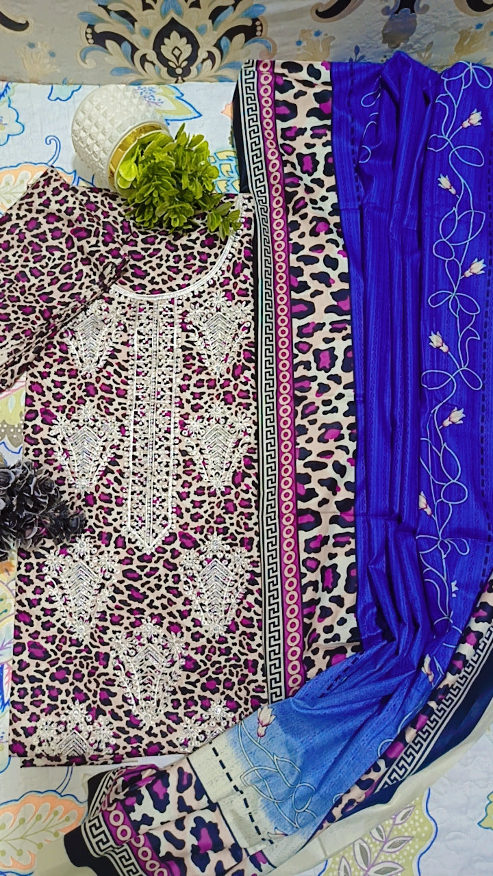 HM Premium Linen Sequence Embroidered 3 Piece Unstitched Suit - Blue & Shocking Pink