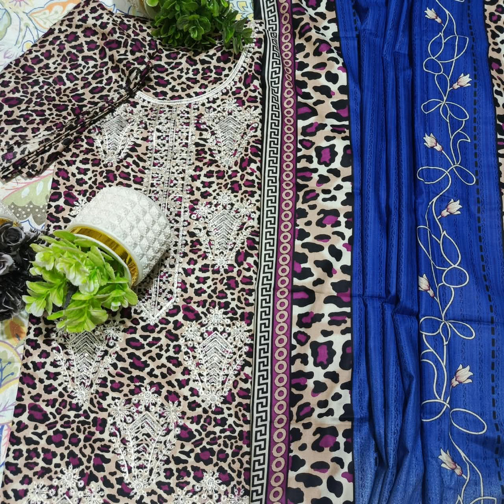 HM Premium Linen Sequence Embroidered 3 Piece Unstitched Suit - Blue & Shocking Pink