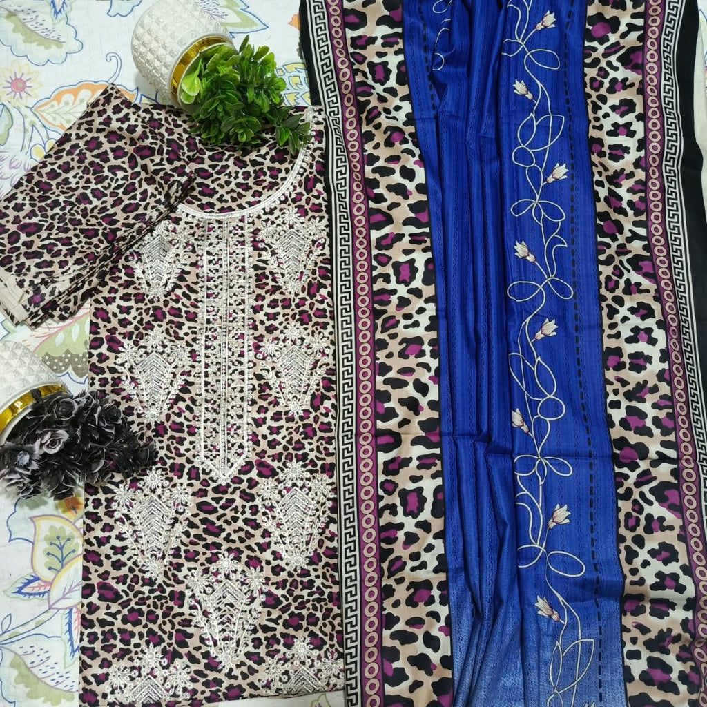 HM Premium Linen Sequence Embroidered 3 Piece Unstitched Suit - Blue & Shocking Pink