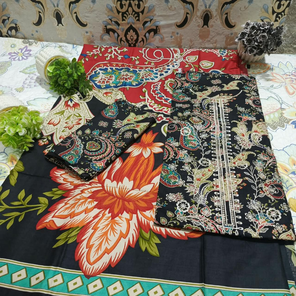 Hajra Eman Premium Linen All Over Sequence Embroidered 3 Piece Unstitched Suit
