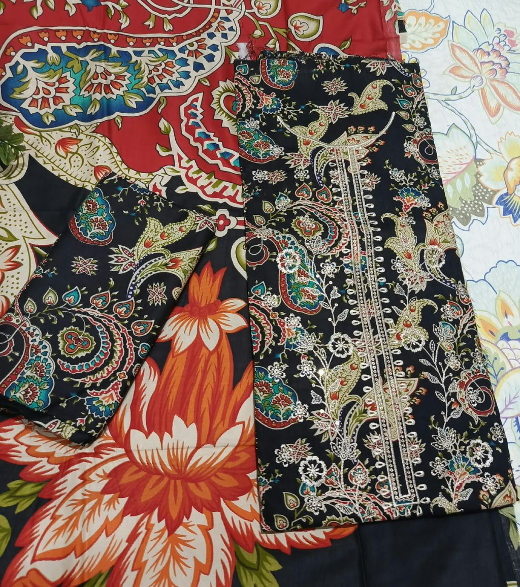 Hajra Eman Premium Linen All Over Sequence Embroidered 3 Piece Unstitched Suit