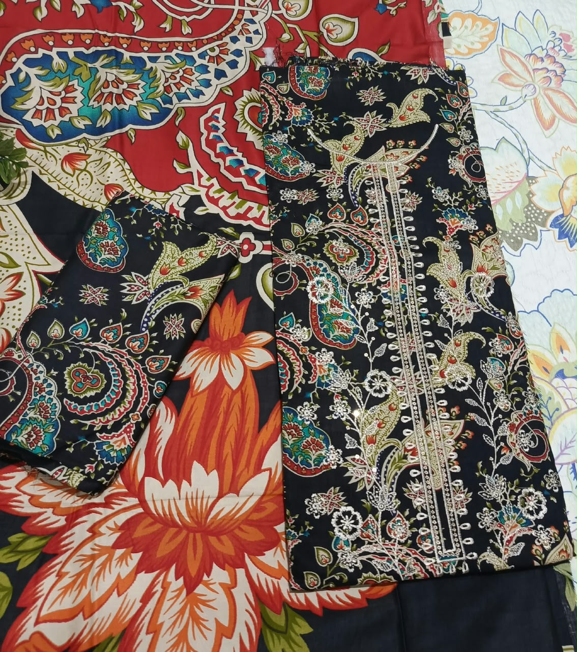 Hajra Eman Premium Linen All Over Sequence Embroidered 3 Piece Unstitched Suit