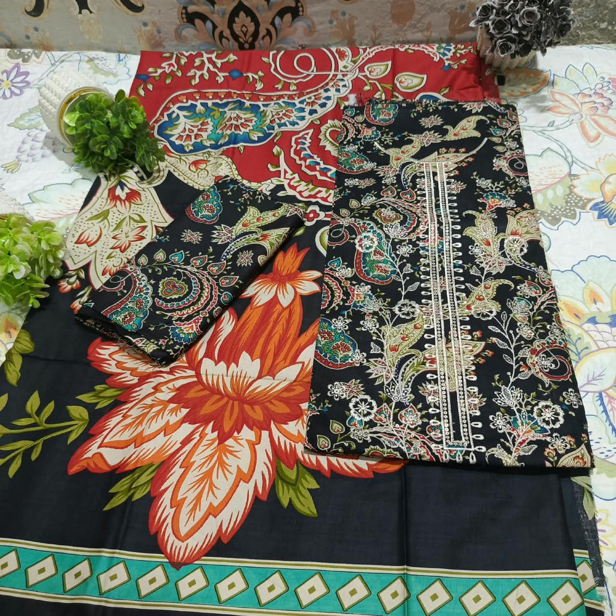 Hajra Eman Premium Linen All Over Sequence Embroidered 3 Piece Unstitched Suit