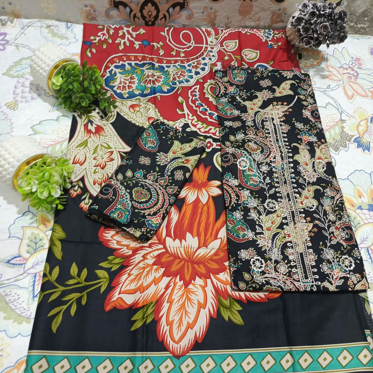 Hajra Eman Premium Linen All Over Sequence Embroidered 3 Piece Unstitched Suit