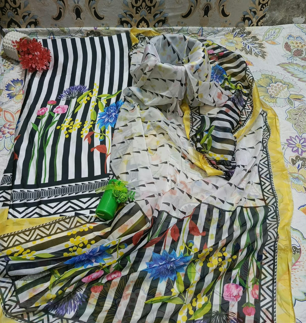 Printed Korean Silk Straight Lines Multicolour Floral 3 Pc Suit