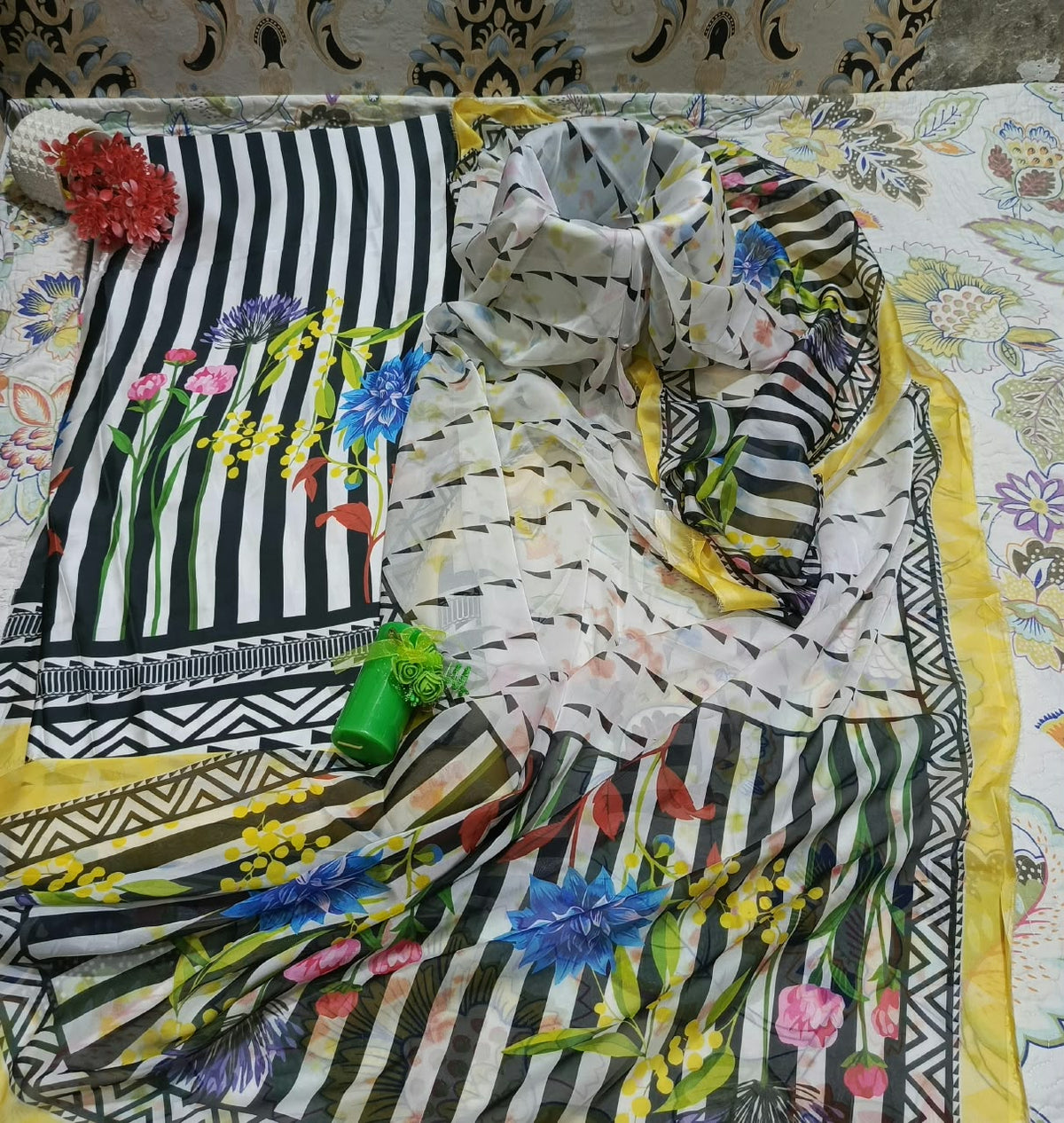 Printed Korean Silk Straight Lines Multicolour Floral 3 Pc Suit