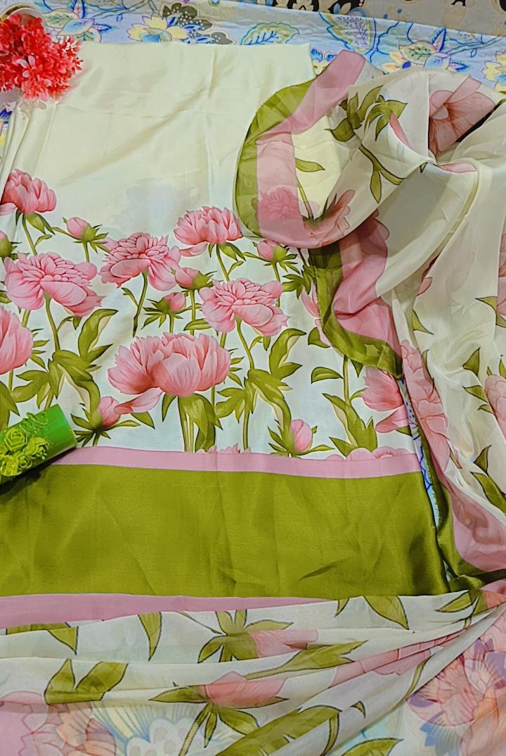 Printed Korean Silk Two Tone Multicolour Floral 3 Pc Suit