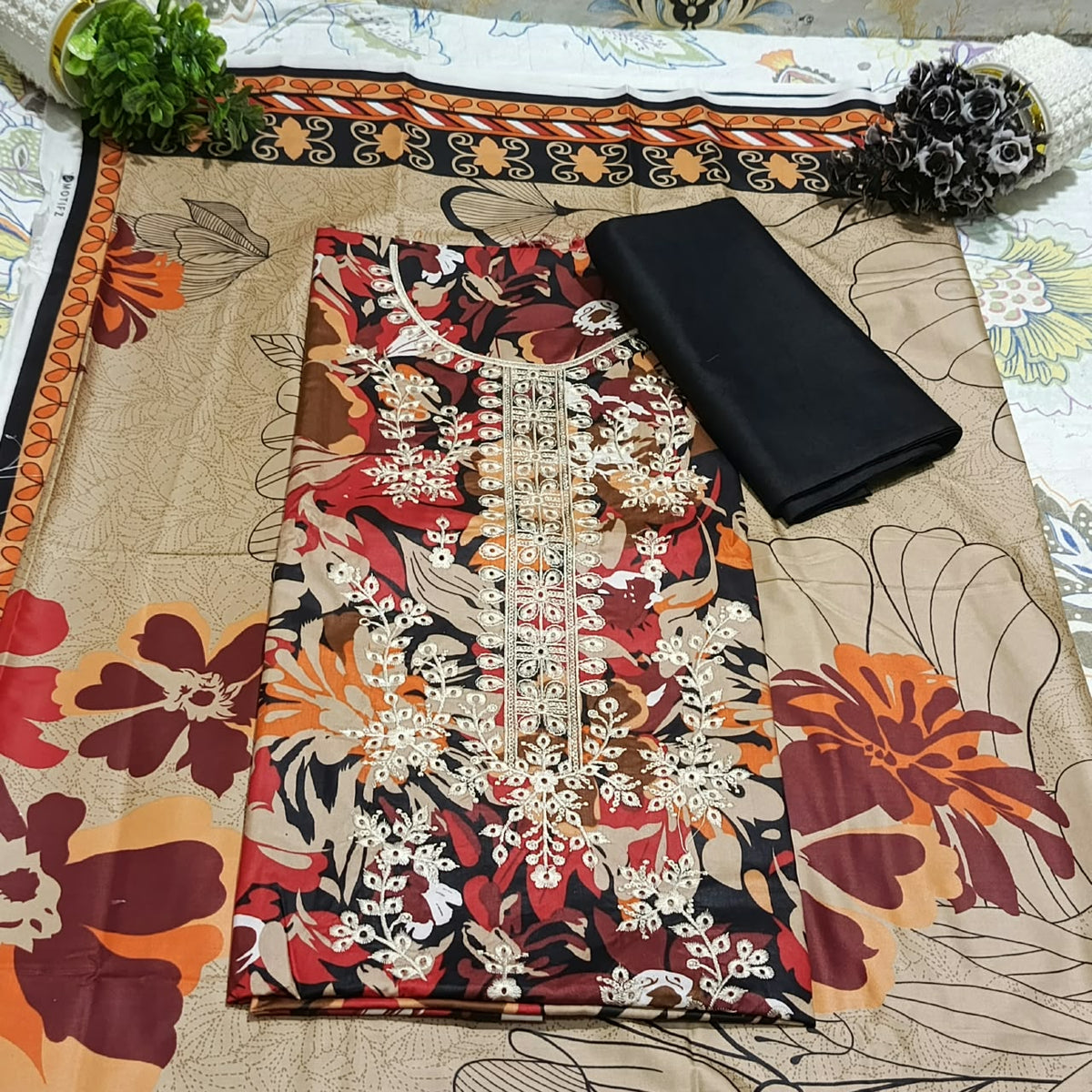 Motifz Premium Linen Sequence Embroidered 3 Pc Unstitched Suit - Multicolor