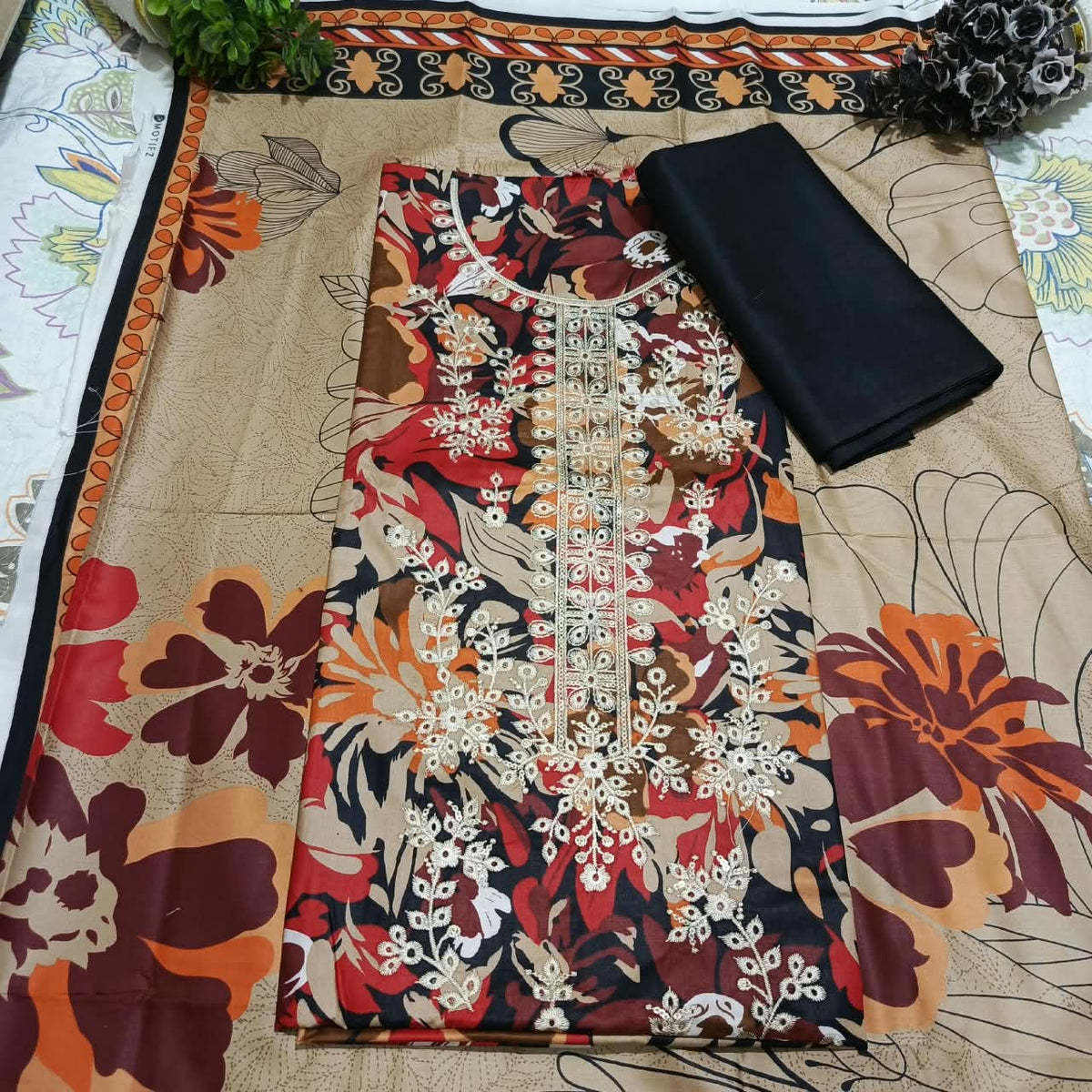 Motifz Premium Linen Sequence Embroidered 3 Pc Unstitched Suit - Multicolor