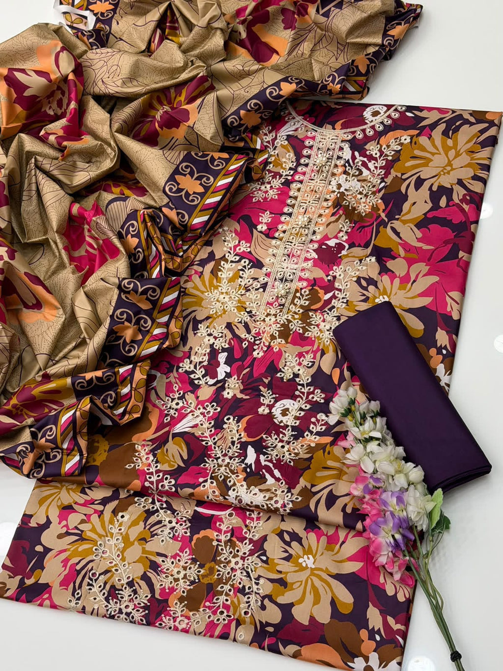 Motifz Premium Linen Sequence Embroidered 3 Pc Unstitched Suit - Multicolor