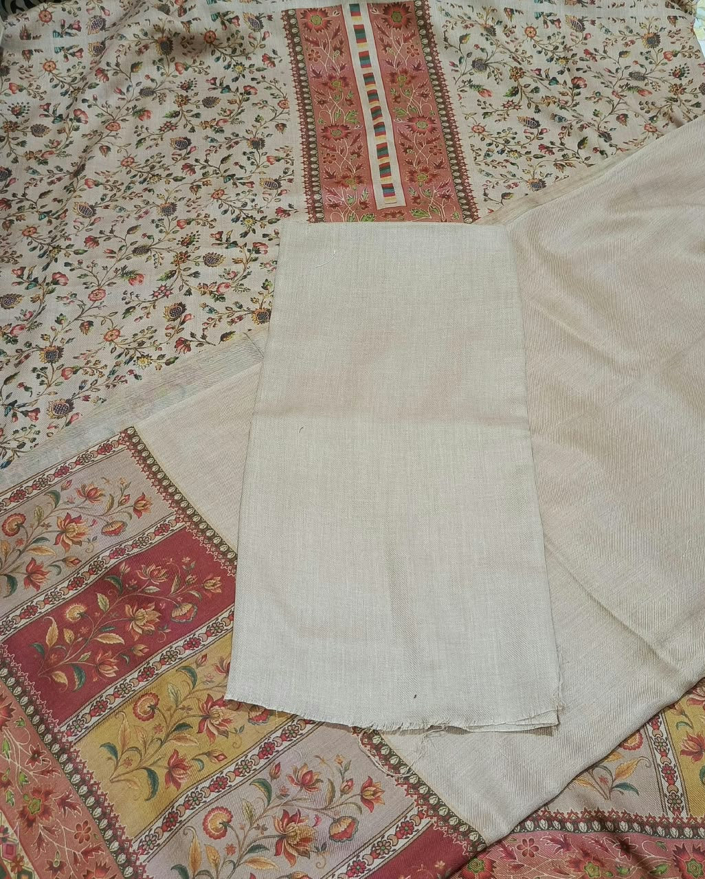 Pashmina 3 PC Unstitched Kalamkari Printed Suit with Shawl