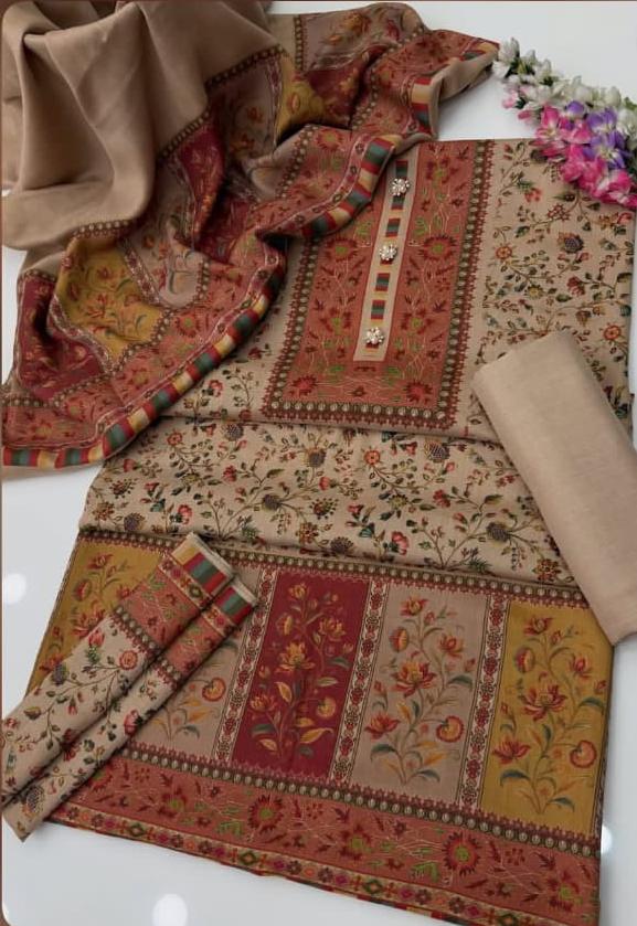 Pashmina 3 PC Unstitched Kalamkari Printed Suit with Shawl