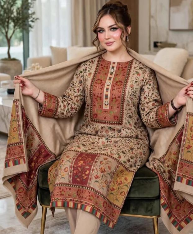 Pashmina 3 PC Unstitched Kalamkari Printed Suit with Shawl