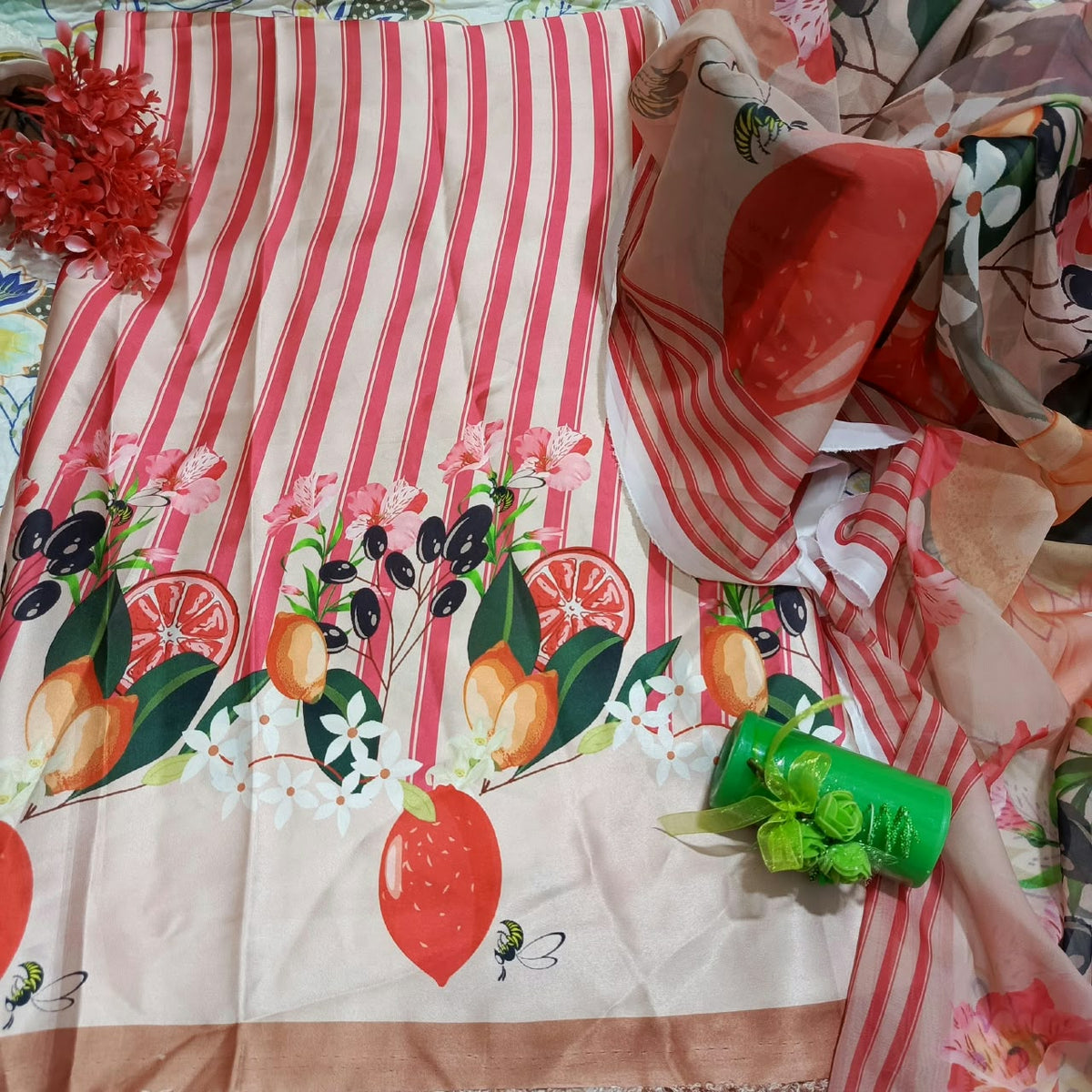 Printed Korean Silk Two Tone Multicolour Fruity Print 3 Pc Suit