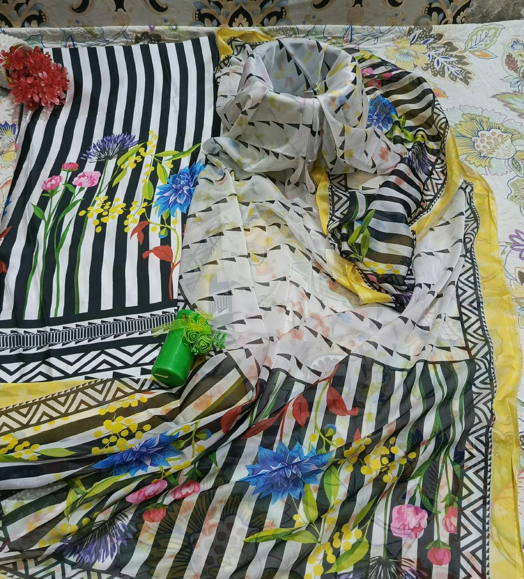 Printed Korean Silk Straight Lines Multicolour Floral 3 Pc Suit