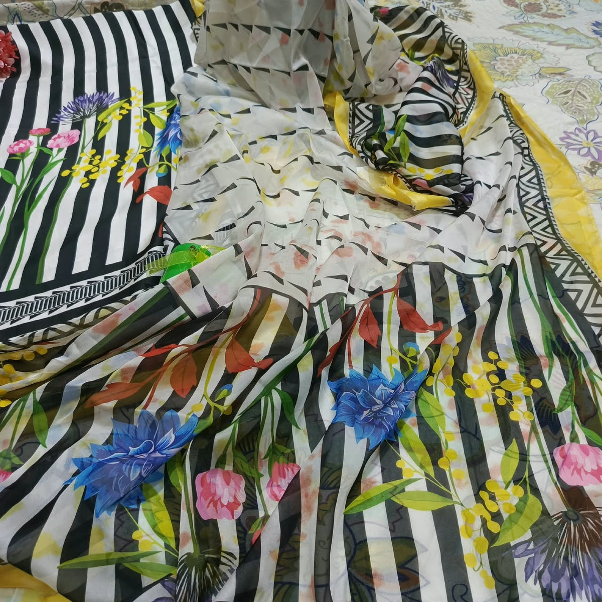 Printed Korean Silk Straight Lines Multicolour Floral 3 Pc Suit