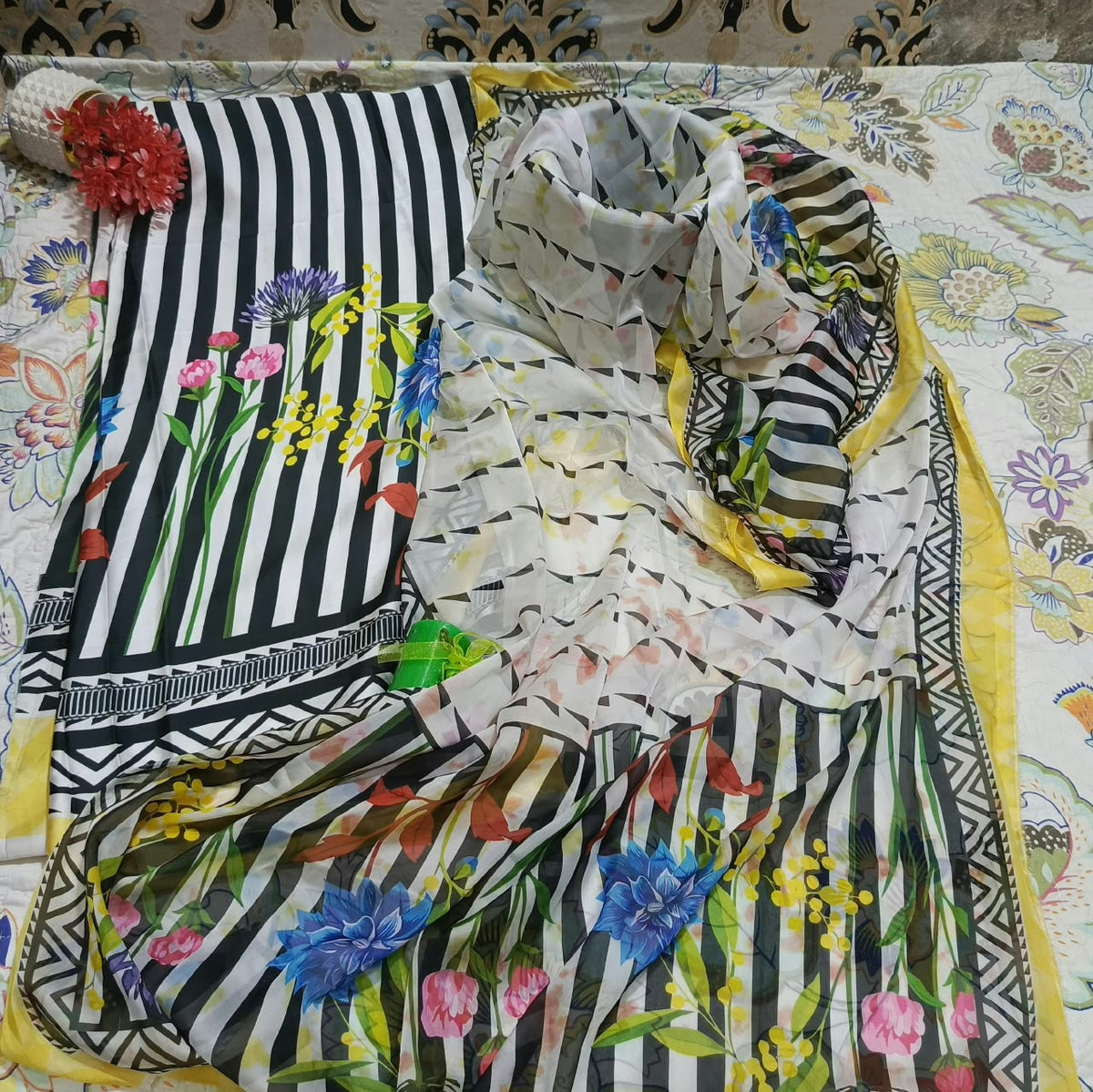 Printed Korean Silk Straight Lines Multicolour Floral 3 Pc Suit