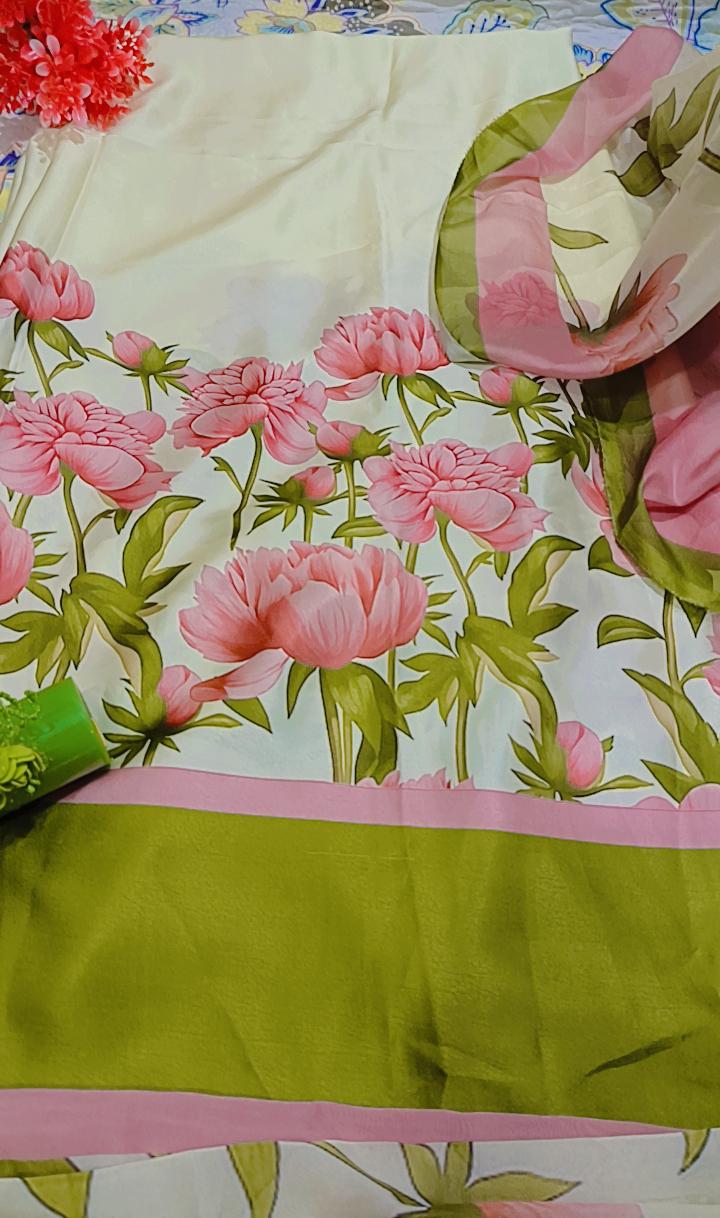Printed Korean Silk Two Tone Multicolour Floral 3 Pc Suit