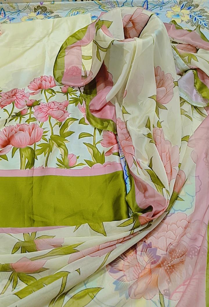 Printed Korean Silk Two Tone Multicolour Floral 3 Pc Suit