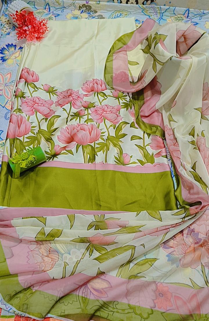 Printed Korean Silk Two Tone Multicolour Floral 3 Pc Suit