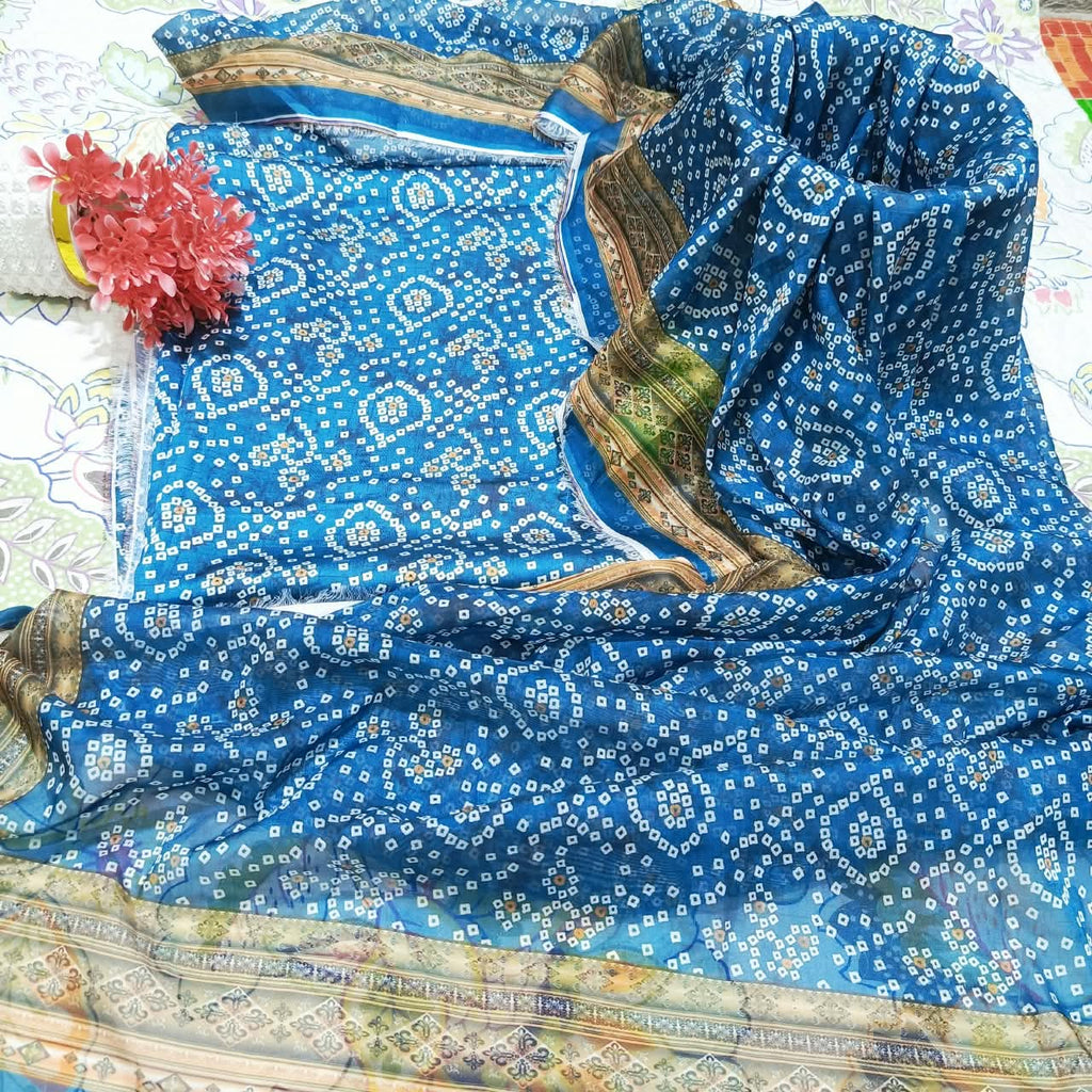 Printed Korean Silk Vintage Chunri Style 3 Pc Suit