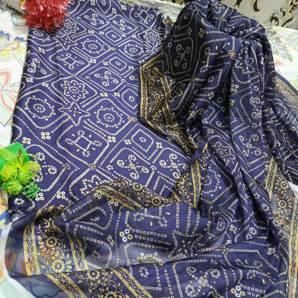 Printed Korean Silk Chunri Style 3 Pc Suit
