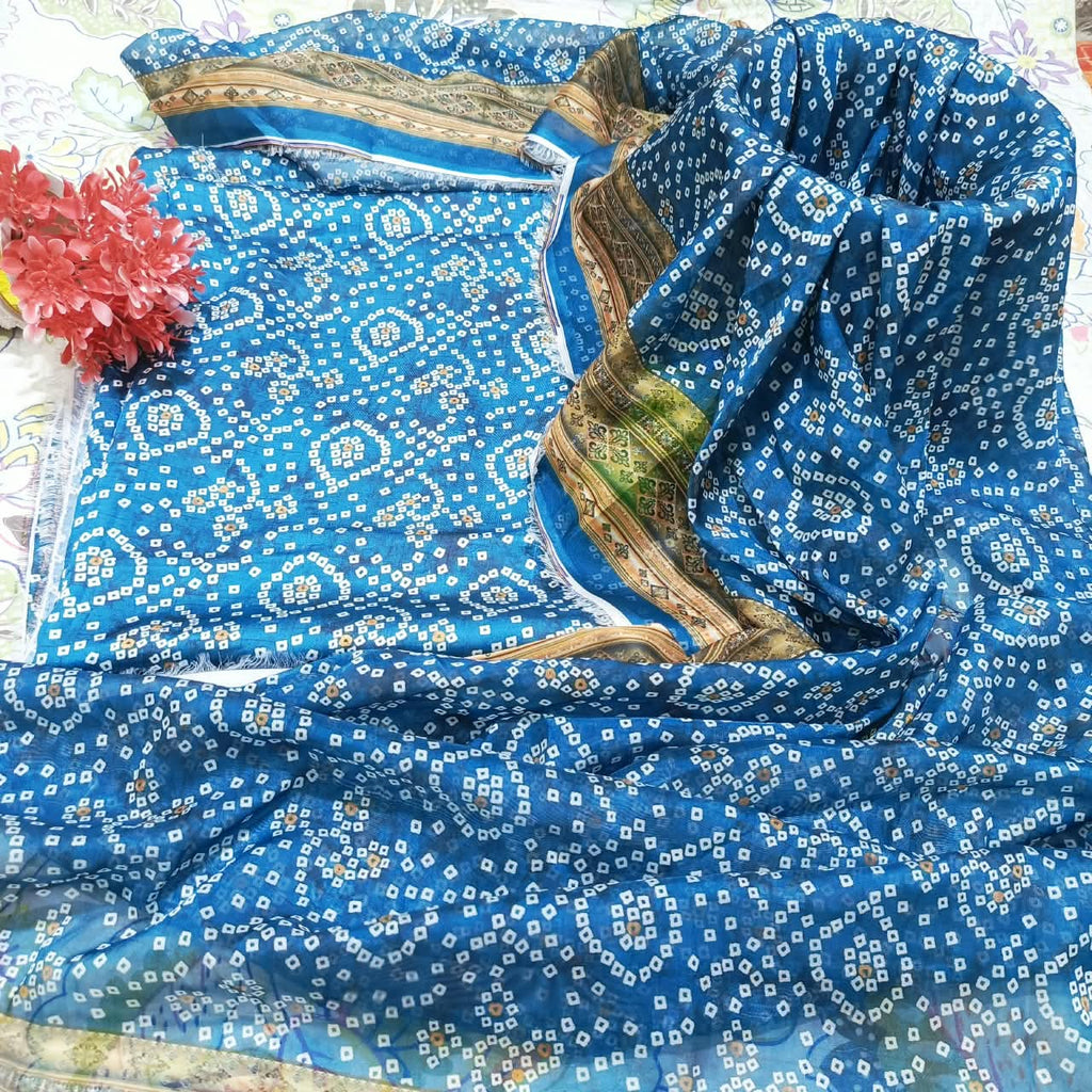 Printed Korean Silk Vintage Chunri Style 3 Pc Suit