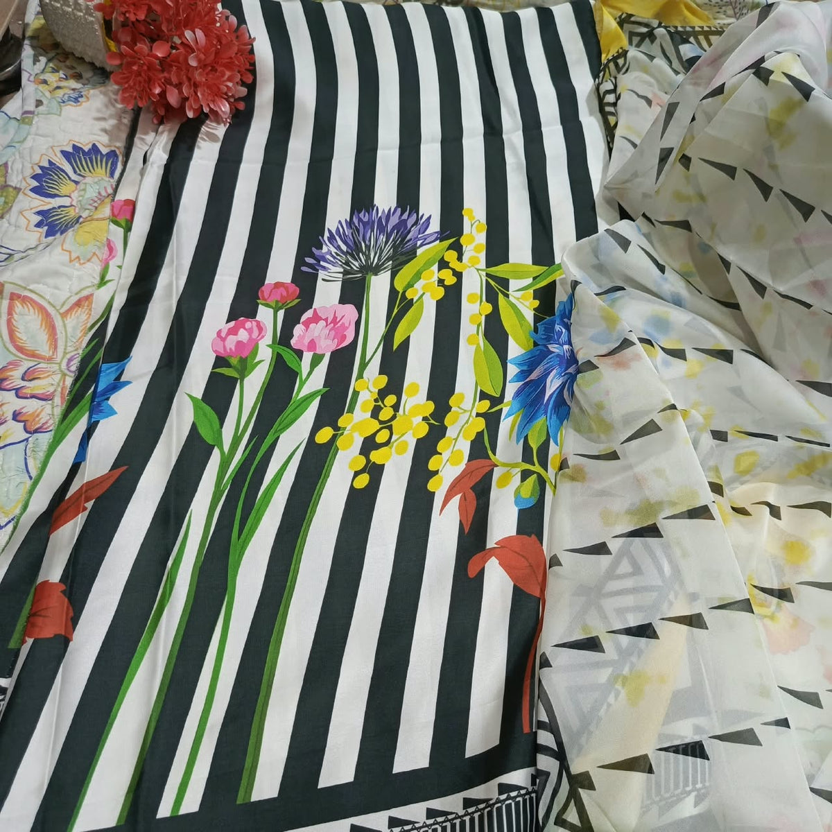 Printed Korean Silk Straight Lines Multicolour Floral 3 Pc Suit