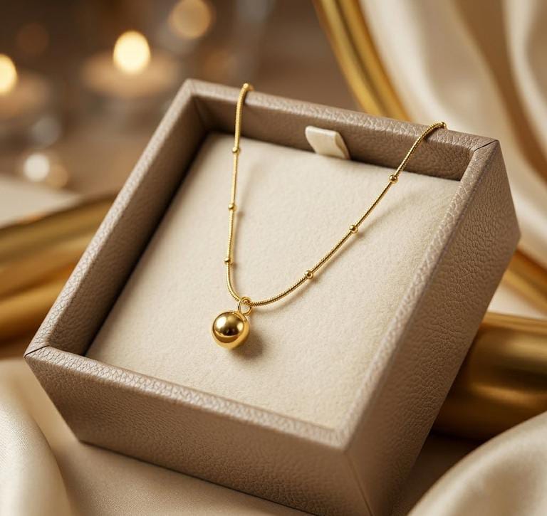 Stainless Steel Round Ball Pendant Necklace with Gold Plated Chain for Women