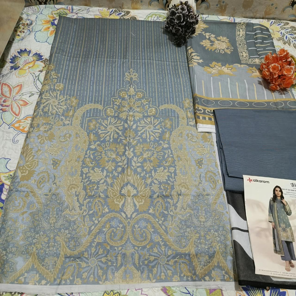 Trending Article Alkaram Premium Silver Khadar 3-Piece Unstitched Suit