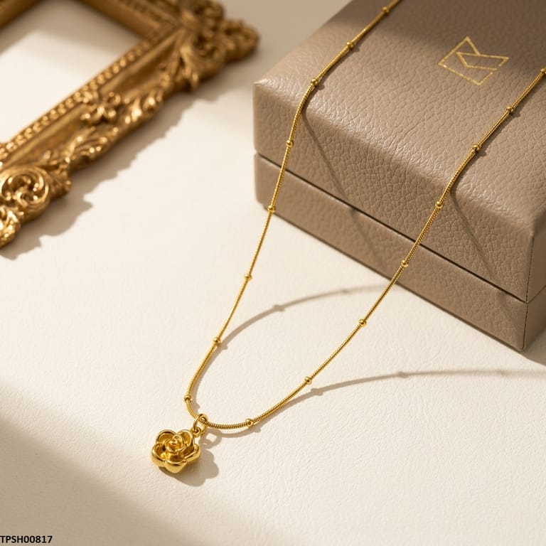 Elegant Gold-Tone Rose Pendant Necklace for Women – Delicate Floral Chain Jewelry