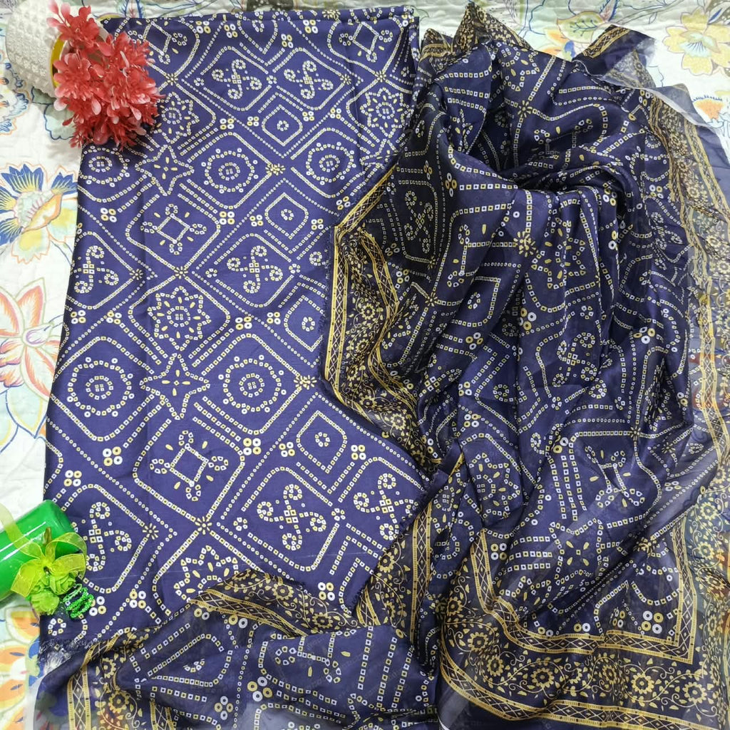 Printed Korean Silk Chunri Style 3 Pc Suit