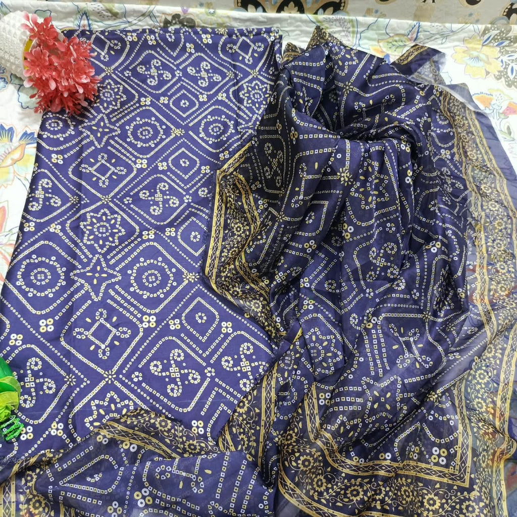 Printed Korean Silk Chunri Style 3 Pc Suit