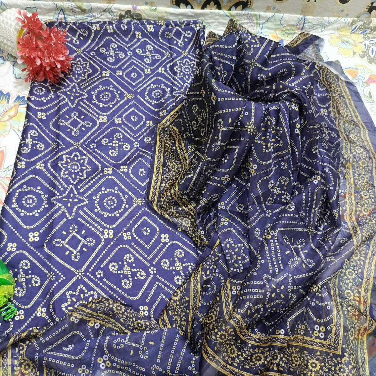 Printed Korean Silk Chunri Style 3 Pc Suit