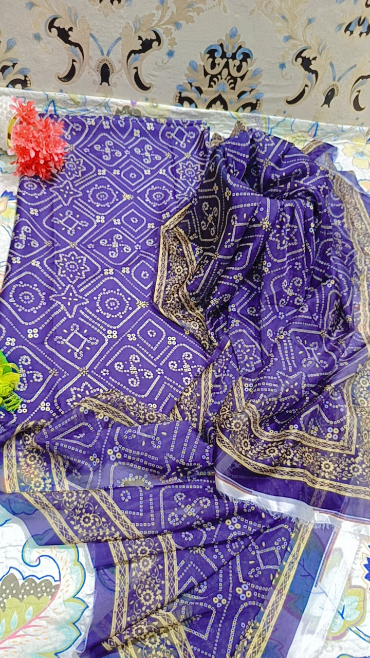 Printed Korean Silk Chunri Style 3 Pc Suit