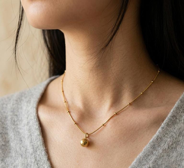 Stainless Steel Round Ball Pendant Necklace with Gold Plated Chain for Women