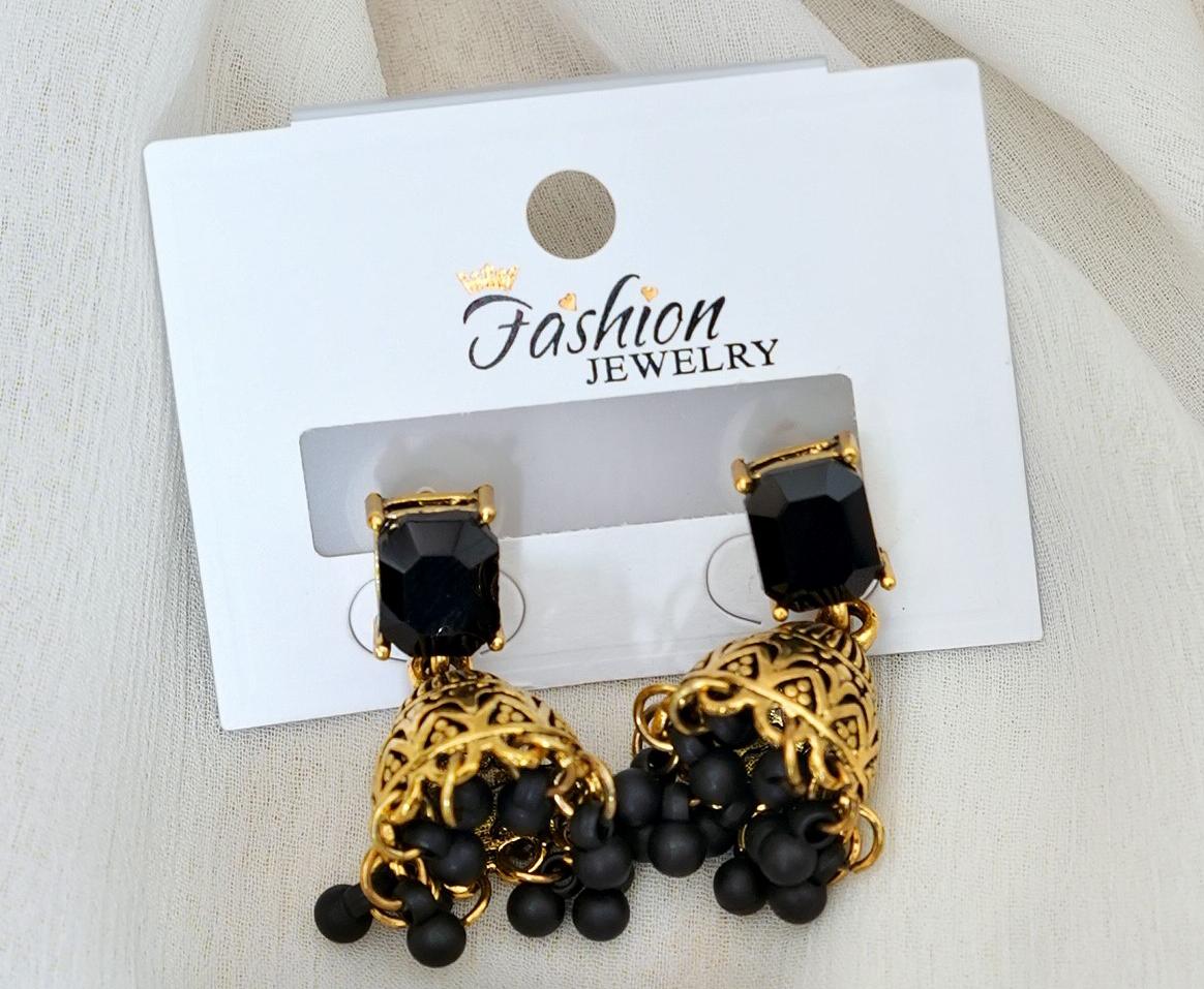 Traditional Black Beads Jhumka Earrings