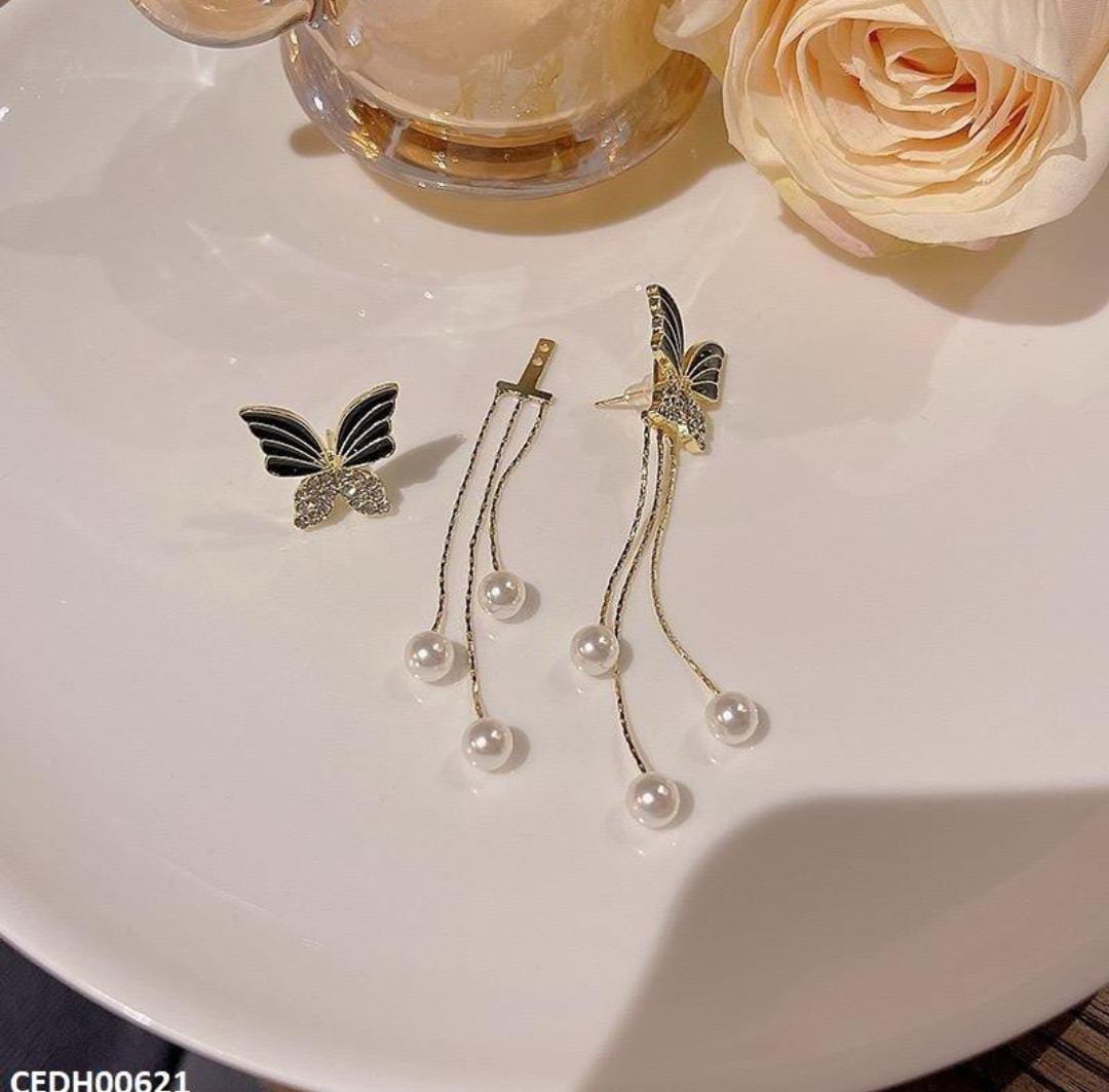 Butterfly Pearl Drop Tassel Earrings