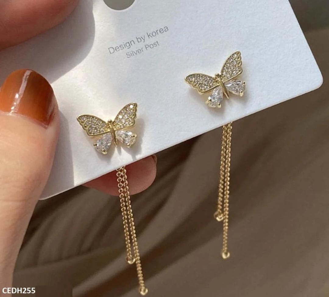 Butterfly Drop Earrings – Elegant Gold-Tone Crystal Chain Earrings