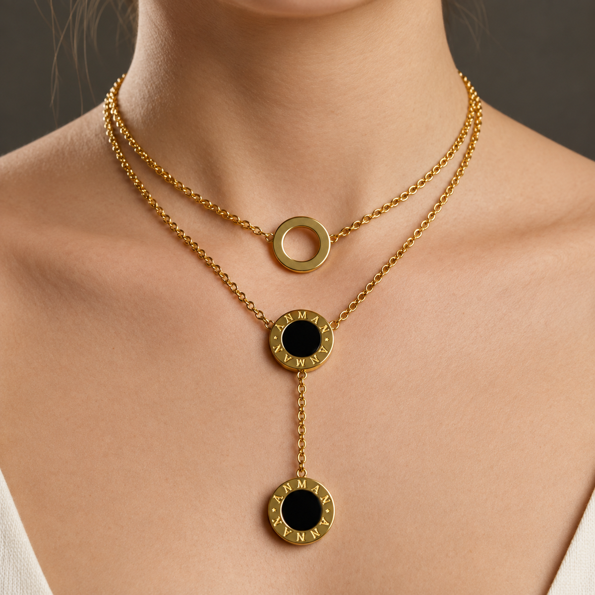 Stainless Steel Round Drop Black Pendant Necklace with Gold