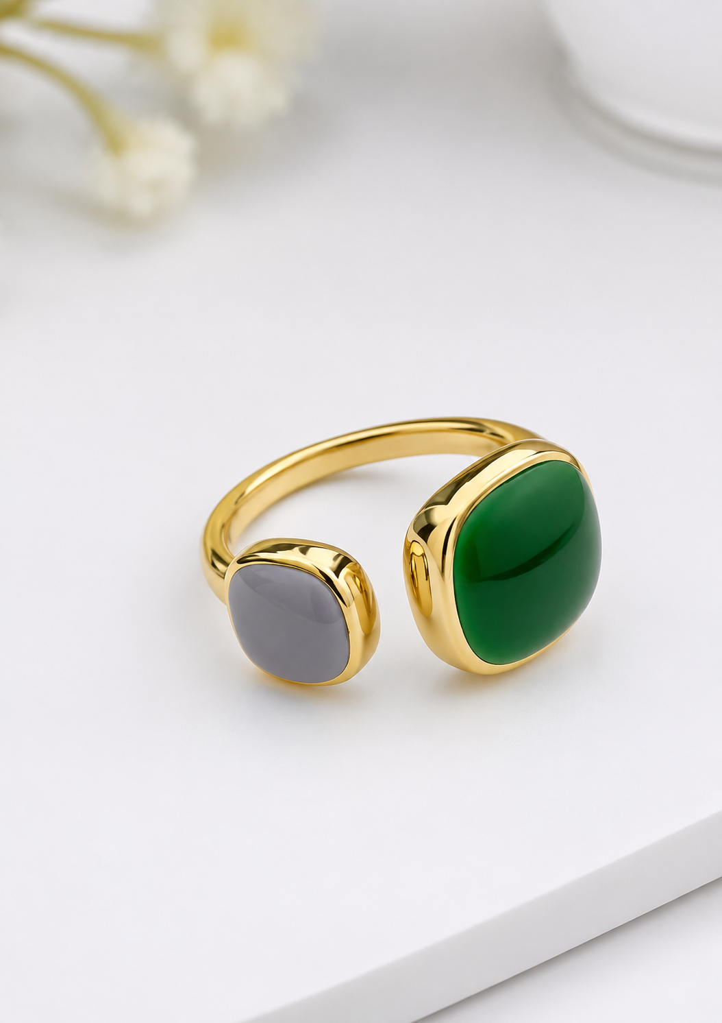 Stainless Steel Green & Grey Stone Adjustable Ring for Women